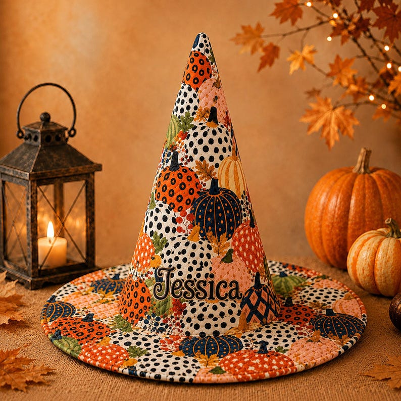 Personalized Witch Hat, Custom Name Quilted Halloween Hat, Patchwork Witch Costume Hat, Halloween Decor Gift