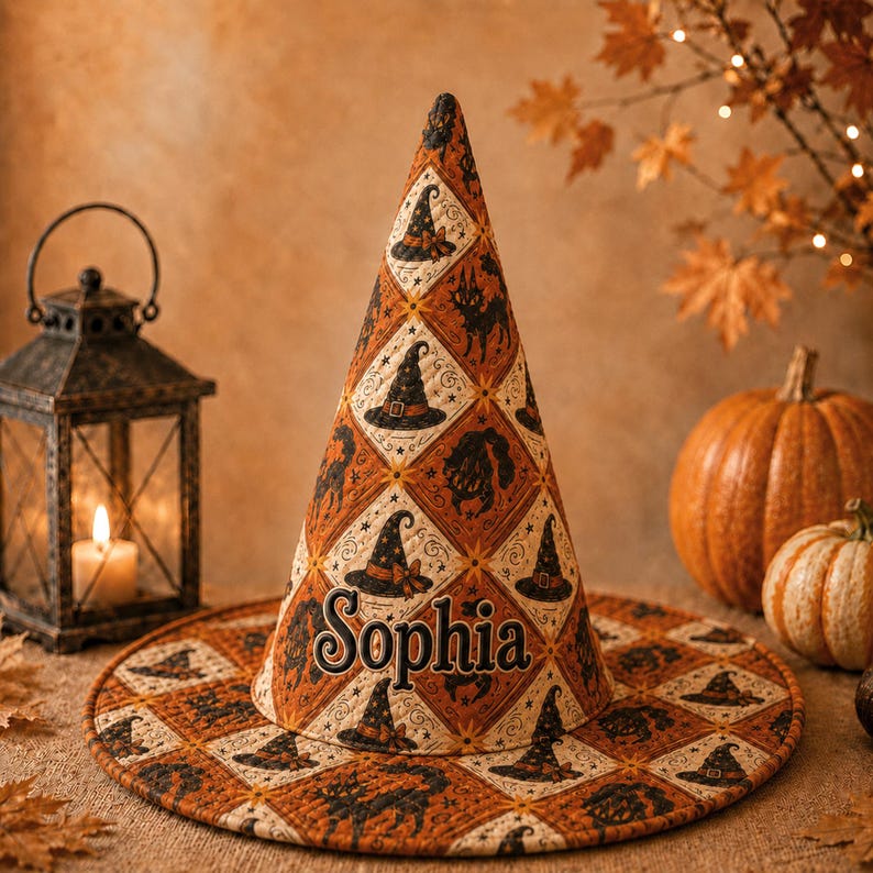 Personalized Witch Hat Decor, Primitive Quilted Halloween Hat, Custom Name Fall Table Decor, Rustic Black Cat Witch Hat