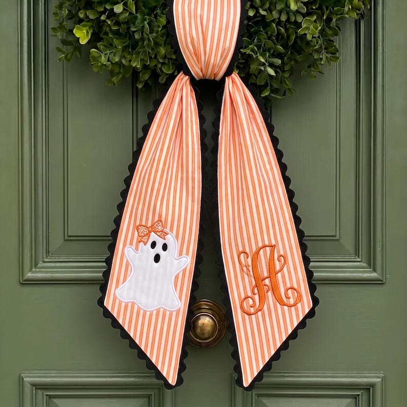 Personalized Halloween Tree Wreath Sash, Custom Name Embroidered Holiday Decor, Stripe Front Door Ric Rac Bow
