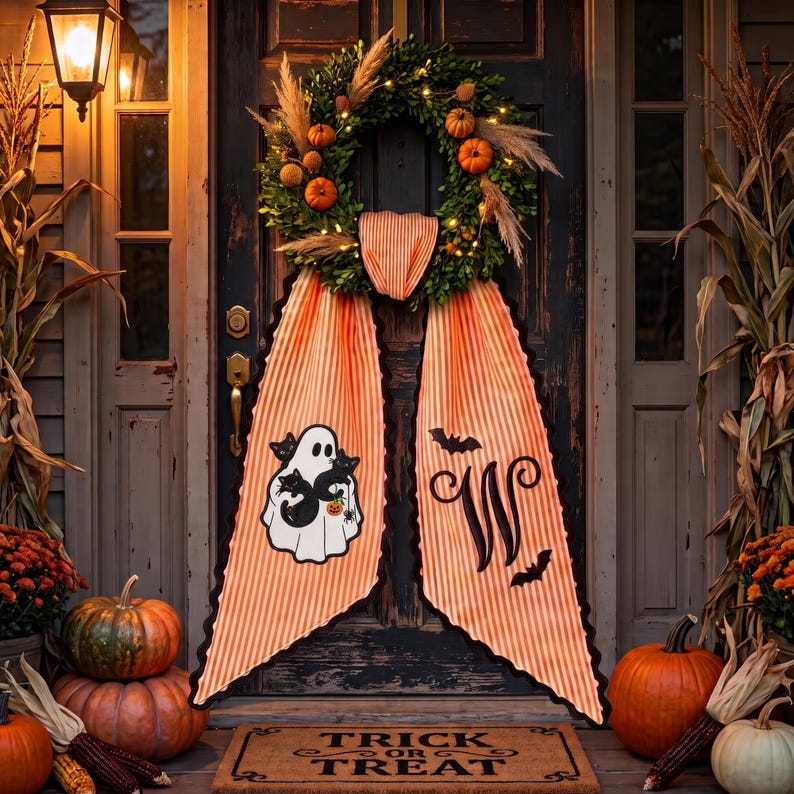 Personalized Halloween Tree Wreath Sash, Custom Name Embroidered Holiday Decor, Stripe Front Door Ric Rac Bow