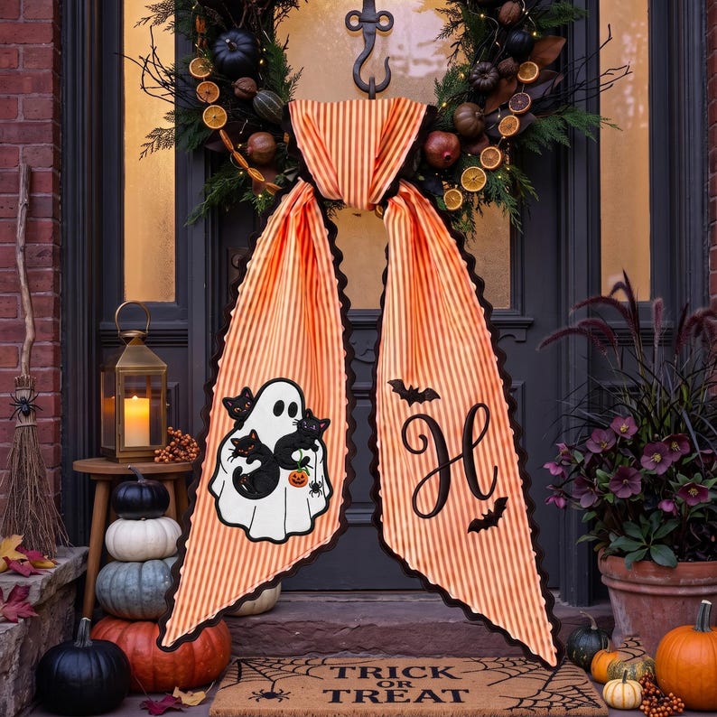 Personalized Halloween Tree Wreath Sash, Custom Name Embroidered Holiday Decor, Stripe Front Door Ric Rac Bow