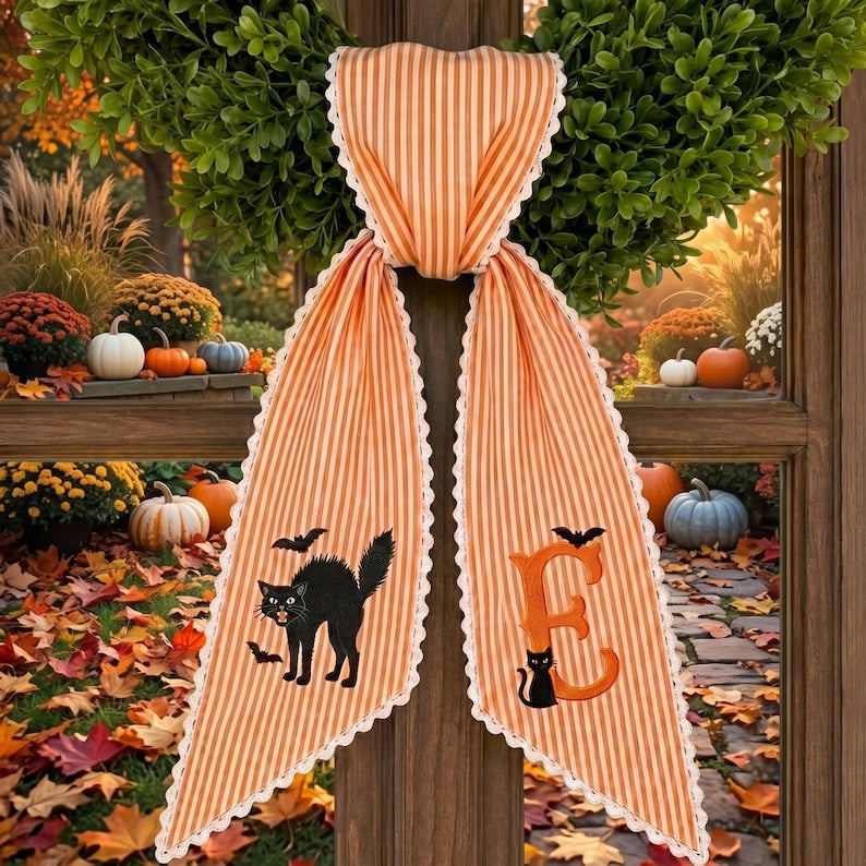 Custom Embroidery Halloween Black Cat Name Sash, Embroidery Monogram Black Cat Bow