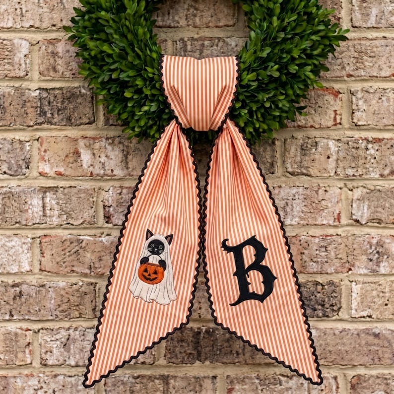 Custom Embroidery Halloween Ghost Pumpkin Cat Sash, Embroidery Monogram Spooky Cat Bow