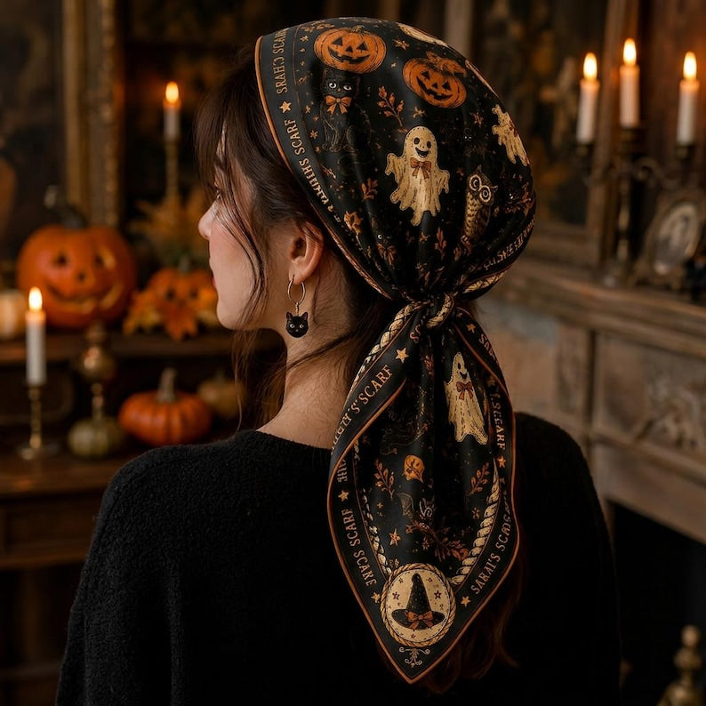 Personalized Halloween Scarf, Custom Name Satin Hair Scarf, Spooky Witch Head Scarf, Cute Pumpkin Hair Accessory, Fall Gift