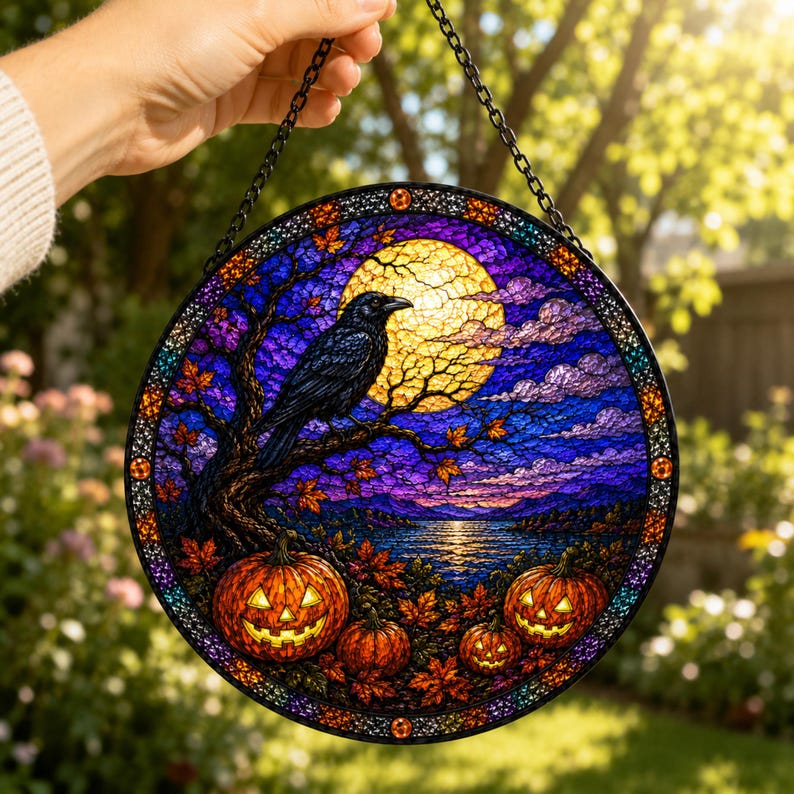 Halloween Stained Glass Suncatcher, Raven and Pumpkin Window Hanging, Full Moon Crow Decor