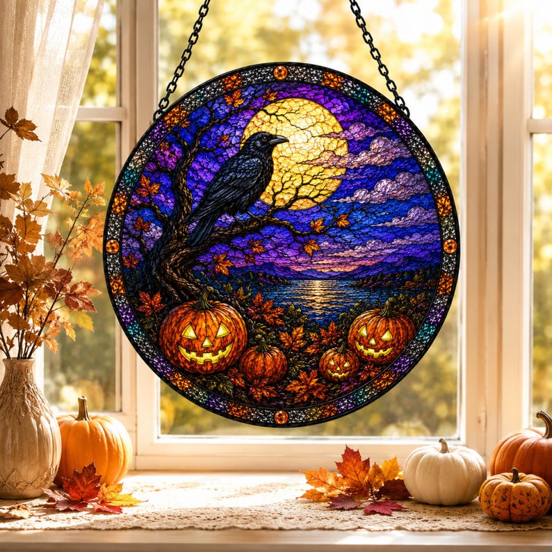 Halloween Stained Glass Suncatcher, Raven and Pumpkin Window Hanging, Full Moon Crow Decor