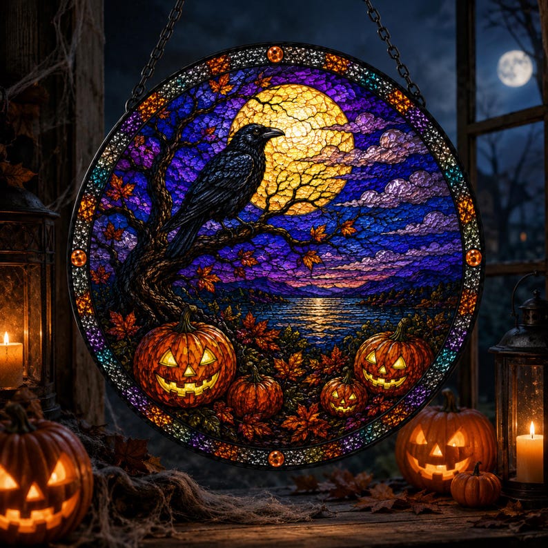 Halloween Stained Glass Suncatcher, Raven and Pumpkin Window Hanging, Full Moon Crow Decor