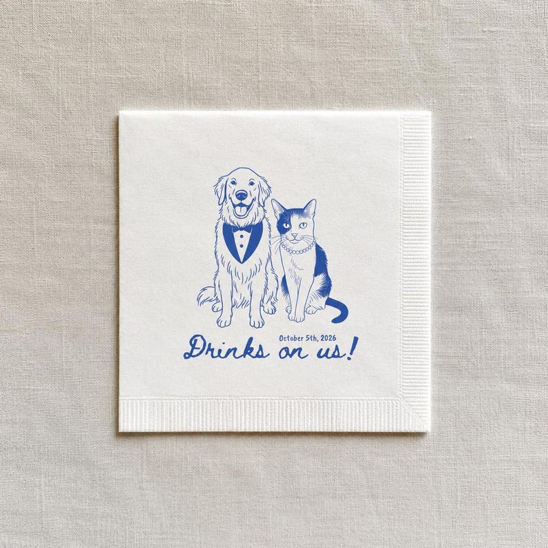 Custom Pet Illustration Cocktail Napkins, Personalized Dog Cat Wedding Bar Napkins, Rehearsal Dinner Party Gift