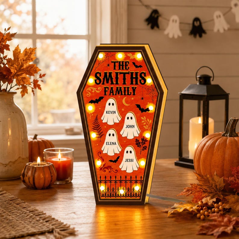 Custom Halloween Family Coffin LED Night Light Box with Ghost Names