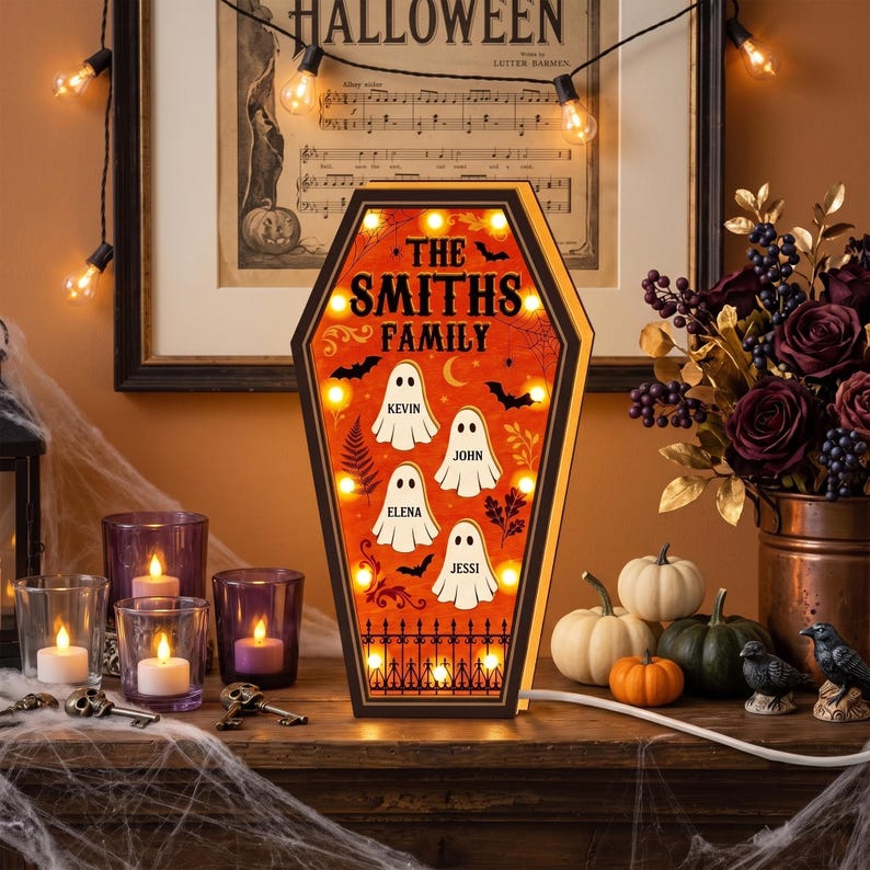 Custom Halloween Family Coffin LED Night Light Box with Ghost Names