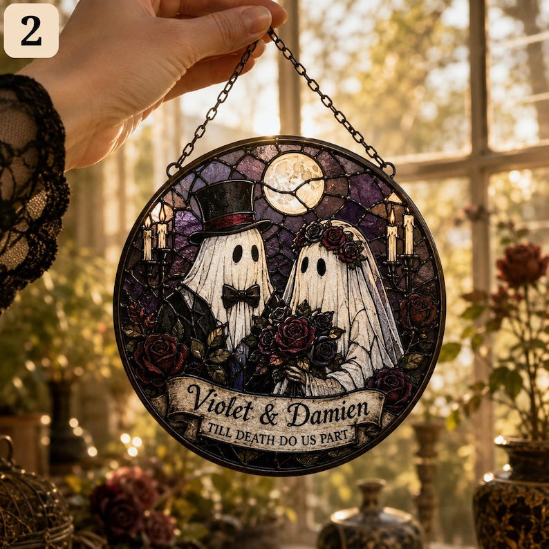Personalized Ghost Couple Suncatcher, Custom Name Gothic Wedding Gift, Stained Glass Window Hanging