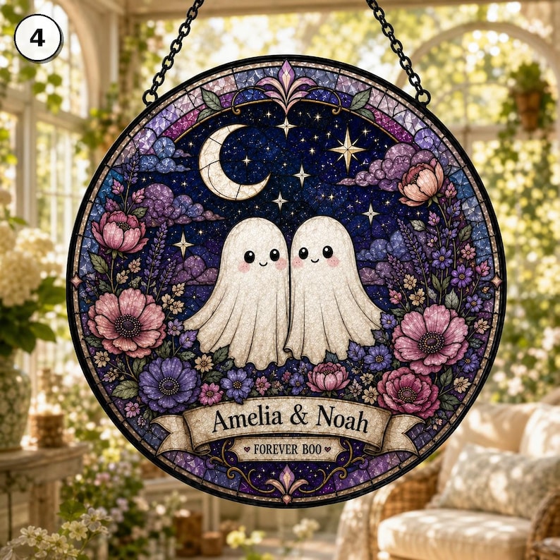 Personalized Ghost Couple Suncatcher, Custom Name Gothic Wedding Gift, Stained Glass Window Hanging