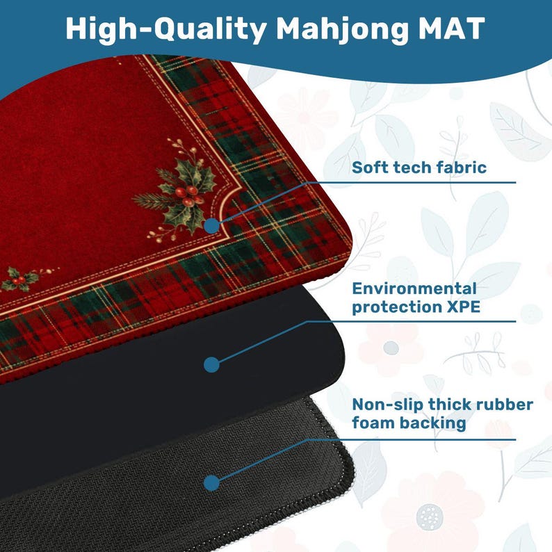 Christmas Mahjong Mat Red Plaid Holly Design, Holiday Mahjong Mat, Festive Game Night Gift