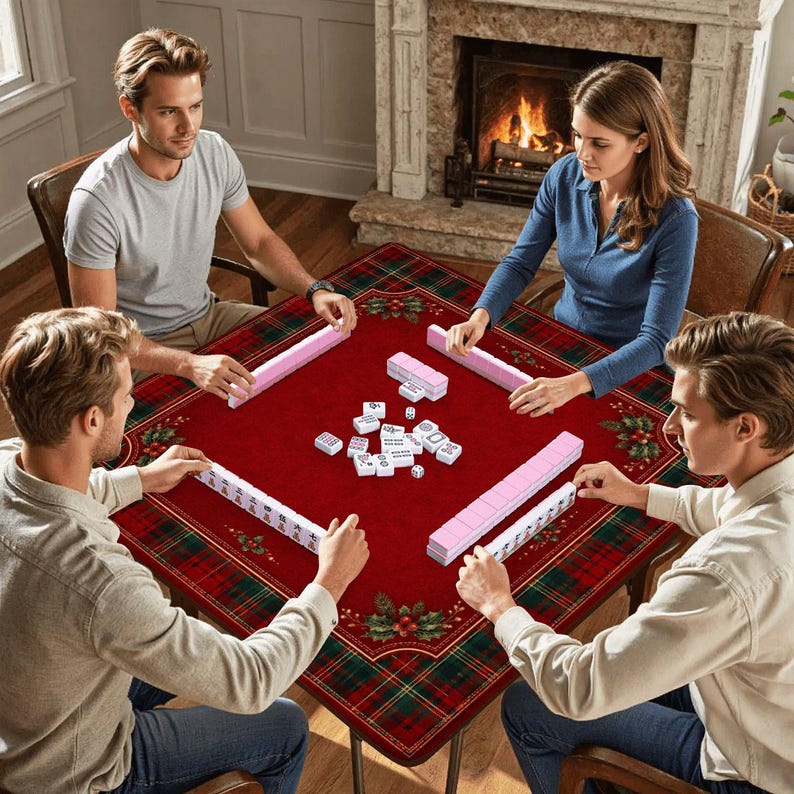 Christmas Mahjong Mat Red Plaid Holly Design, Holiday Mahjong Mat, Festive Game Night Gift