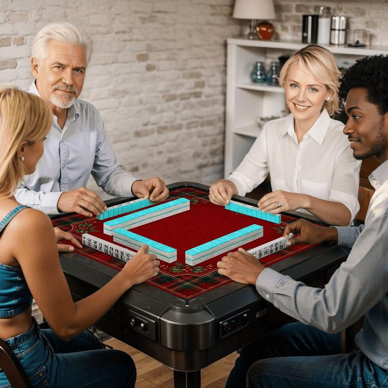 Christmas Mahjong Mat Red Plaid Holly Design, Holiday Mahjong Mat, Festive Game Night Gift