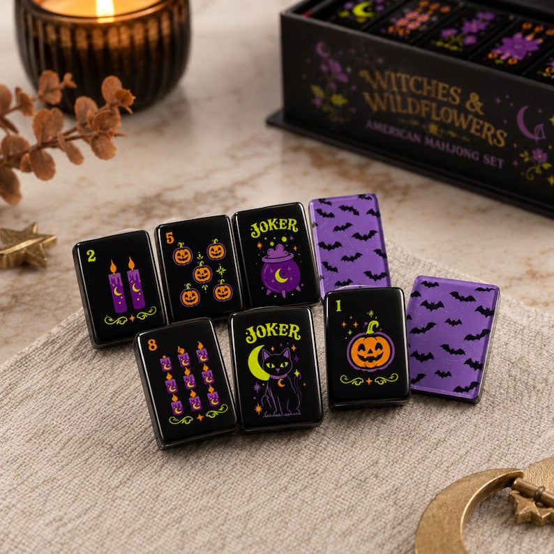 Mahjong Tile Set 160 Pieces, Halloween Mahjong Tiles, Spooky Mah Jongg Set, Witchy Mahj Tiles With Storage Box