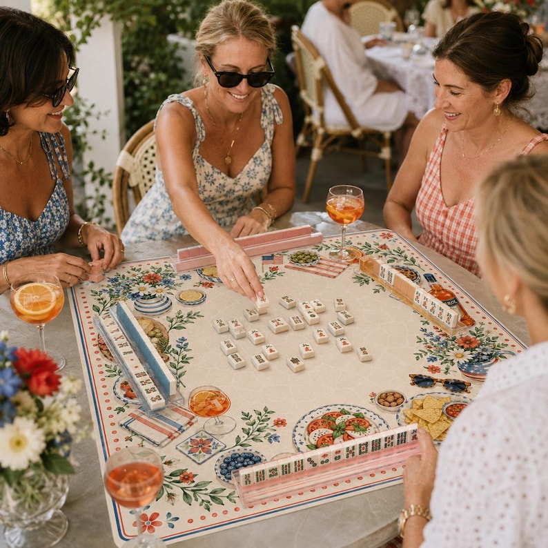 The Americana Aperol Garden Mahjong Mat, Patriotic Floral Mahjong Mat, Summer Garden Party Game Mat, American Mahjong Gift