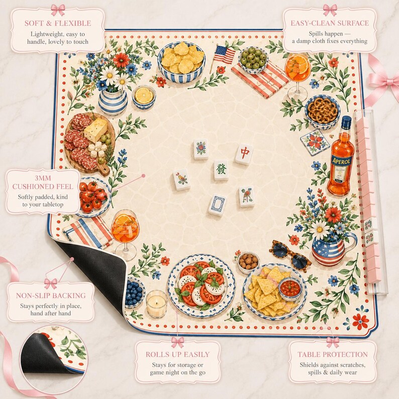 The Americana Aperol Garden Mahjong Mat, Patriotic Floral Mahjong Mat, Summer Garden Party Game Mat, American Mahjong Gift