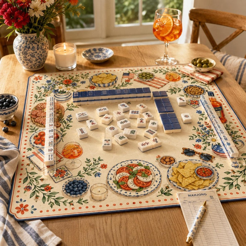 The Americana Aperol Garden Mahjong Mat, Patriotic Floral Mahjong Mat, Summer Garden Party Game Mat, American Mahjong Gift