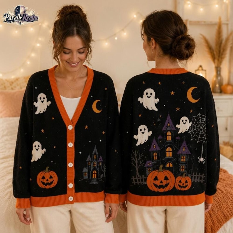 Halloween Cardigan 2026, Spooky Ghost Pumpkin Sweater, Haunted House Knitwear, Cozy Fall Top