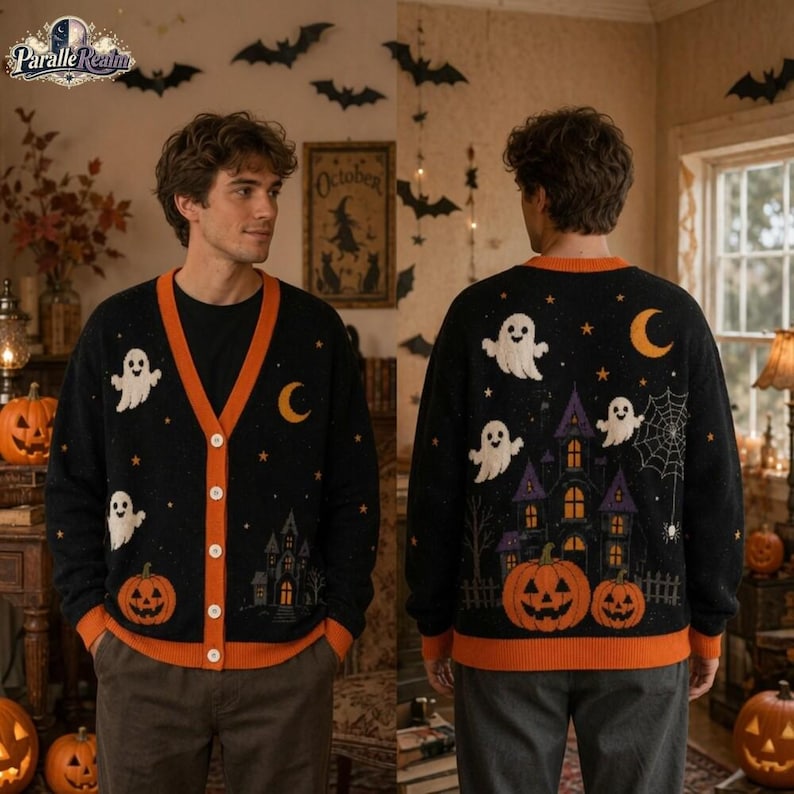 Halloween Cardigan 2026, Spooky Ghost Pumpkin Sweater, Haunted House Knitwear, Cozy Fall Top