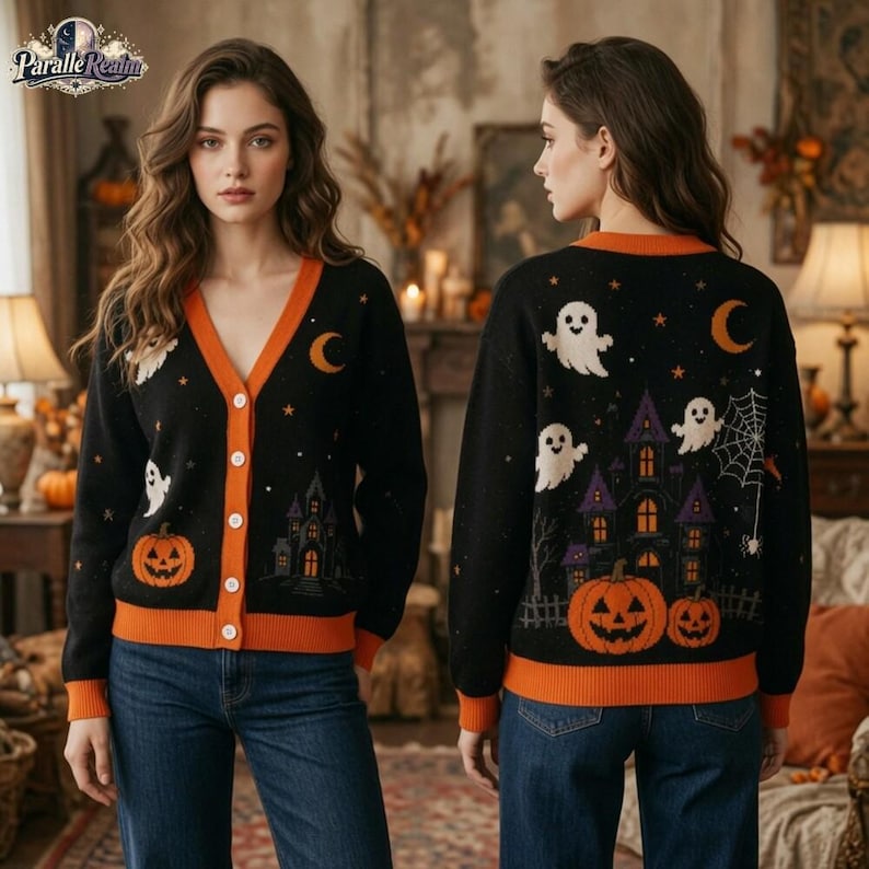 Halloween Cardigan 2026, Spooky Ghost Pumpkin Sweater, Haunted House Knitwear, Cozy Fall Top