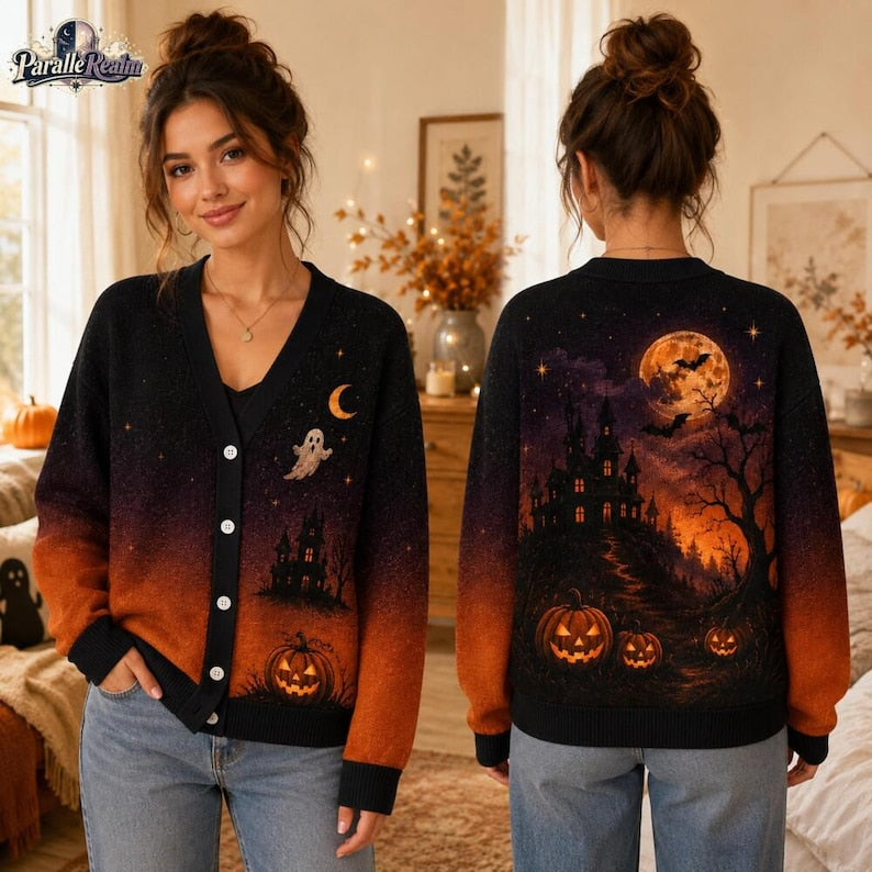 Halloween Cardigan Sweater, Haunted House Pumpkin Print, Spooky Ghost Moon Top, Button Up Knit