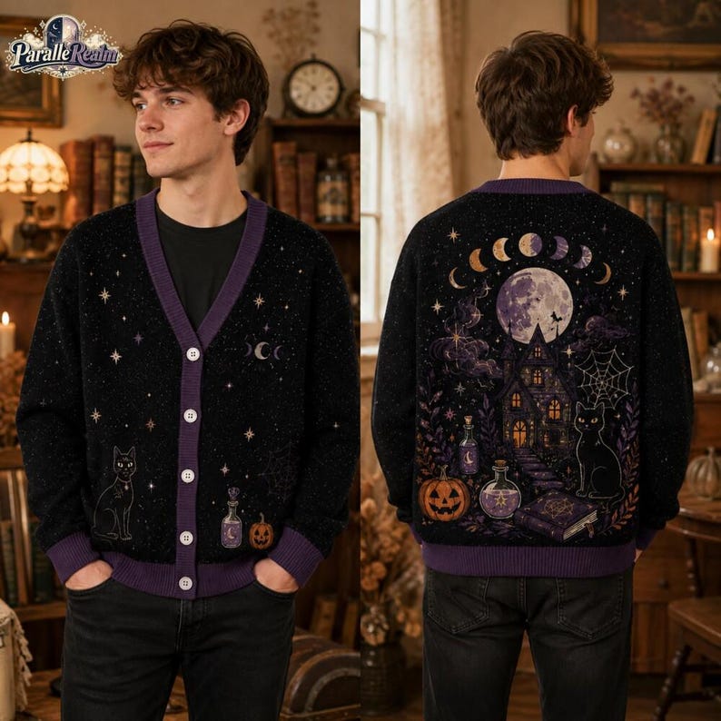 Vintage Witchy Black Cat Cardigan, Celestial Moon Phase Halloween Sweater, Spooky Haunted House Purple Knit, Fall Gift