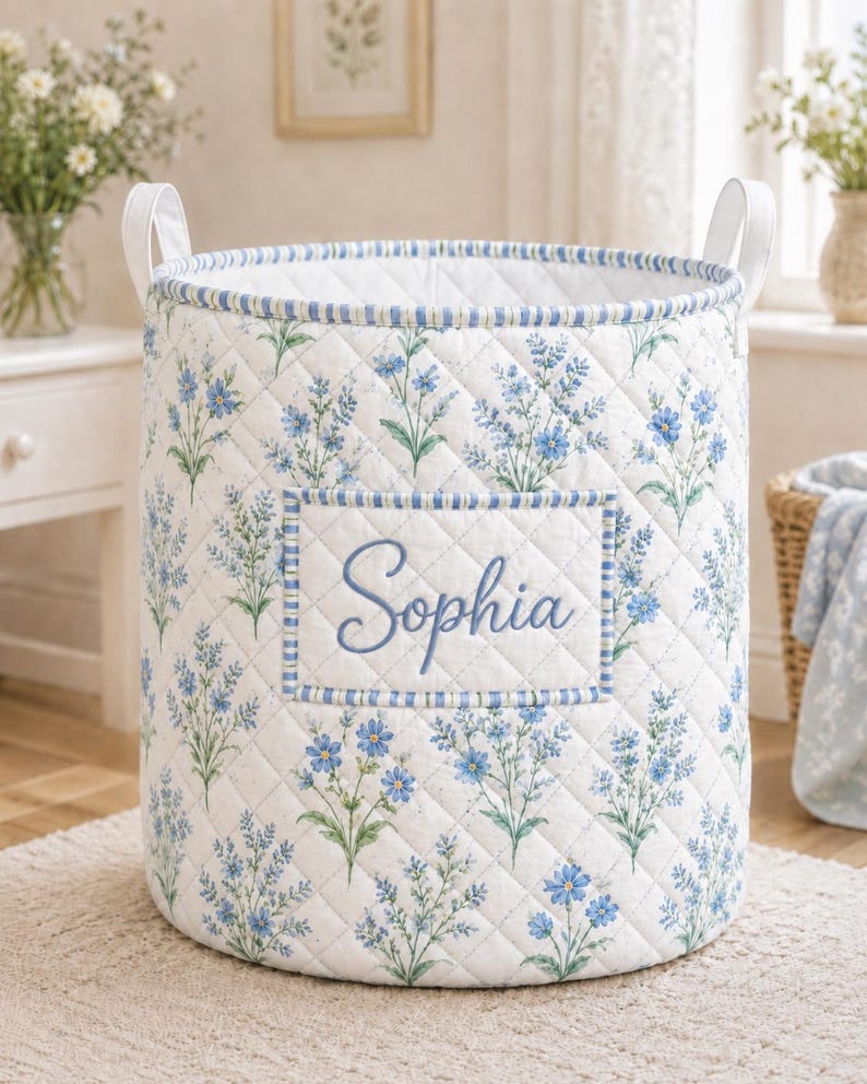 Personalized Floral Laundry Basket, Custom Name Quilted Storage Bin, Pastel Flower Nursery Hamper, Clothes Basket