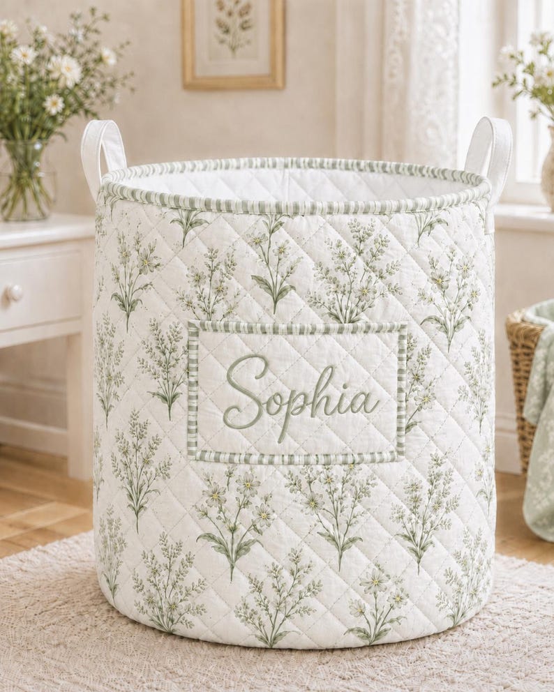 Personalized Floral Laundry Basket, Custom Name Quilted Storage Bin, Pastel Flower Nursery Hamper, Clothes Basket