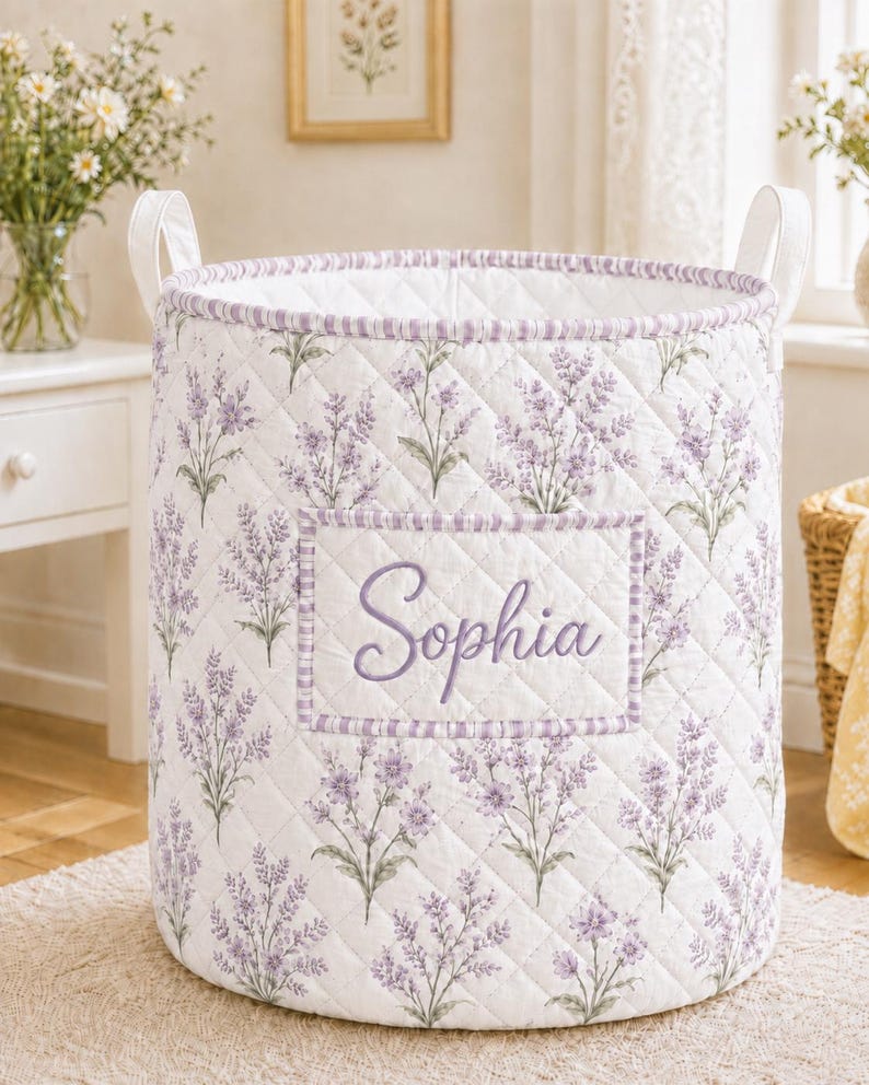 Personalized Floral Laundry Basket, Custom Name Quilted Storage Bin, Pastel Flower Nursery Hamper, Clothes Basket