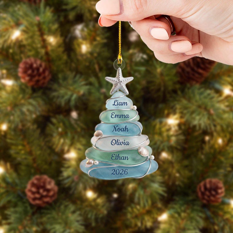 Custom Sea Acrylic Tree 2026 Ornament, Beach Family Christmas Decor, Personalized Coastal Keepsake