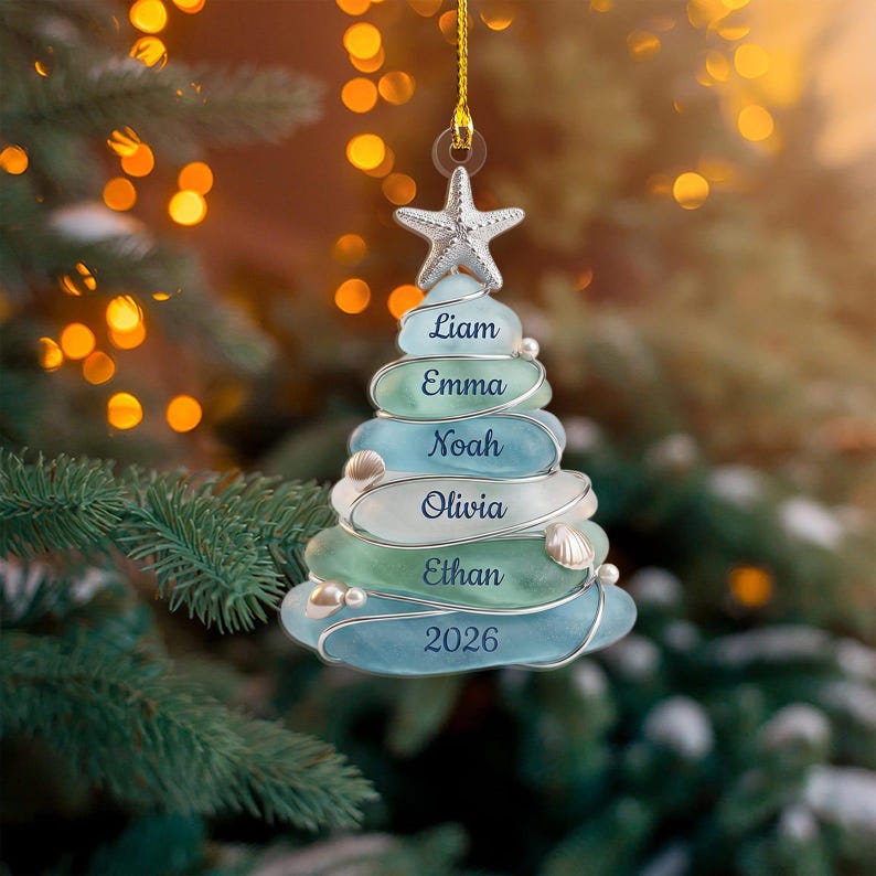 Custom Sea Acrylic Tree 2026 Ornament, Beach Family Christmas Decor, Personalized Coastal Keepsake