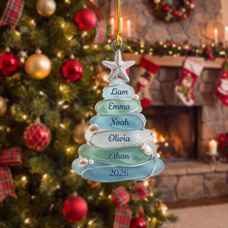 Custom Sea Acrylic Tree 2026 Ornament, Beach Family Christmas Decor, Personalized Coastal Keepsake