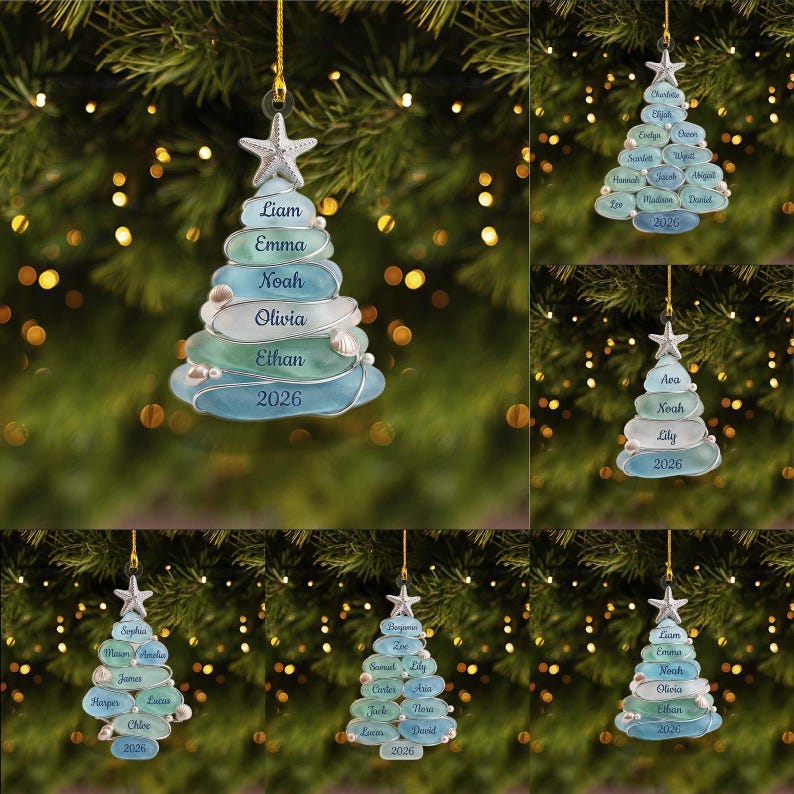Custom Sea Acrylic Tree 2026 Ornament, Beach Family Christmas Decor, Personalized Coastal Keepsake
