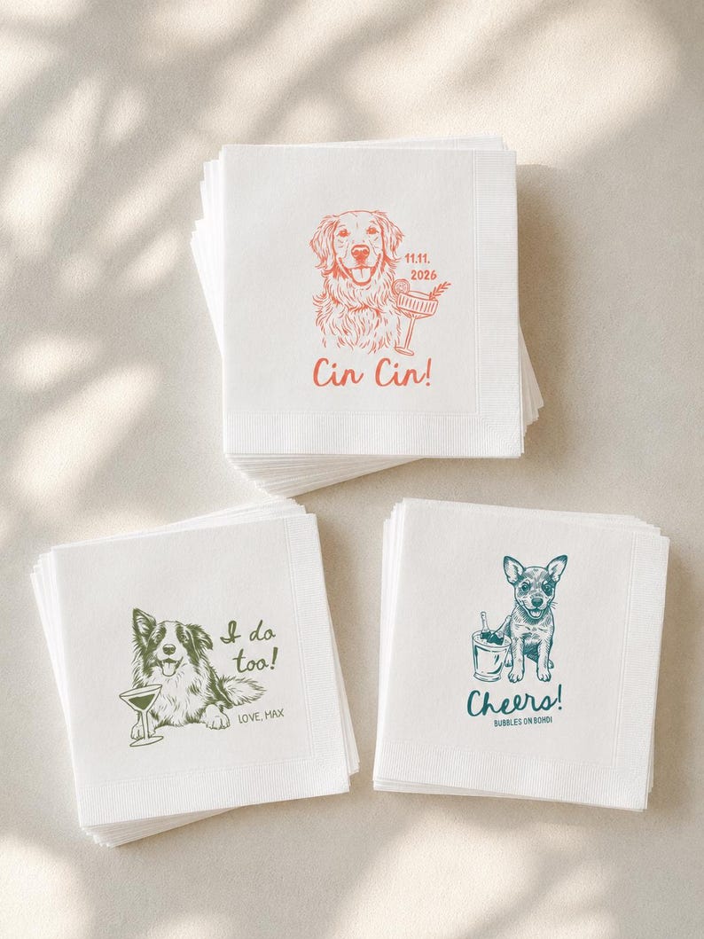 Custom Pet Illustration Cocktail Napkins, Personalized Dog Cat Wedding Bar Napkins, Rehearsal Dinner Party Gift