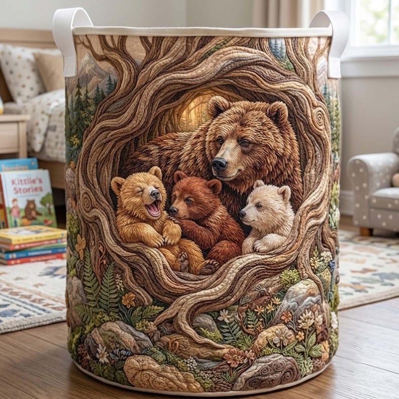 Bear Family Quilted Laundry Basket, Woodland Forest Storage Bin, Housewarming Gifts