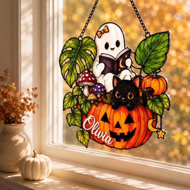 Halloween Suncatcher Personalized, Custom Name Acrylic Ornament, Ghost Cat Pumpkin, Halloween Window Decor Gift