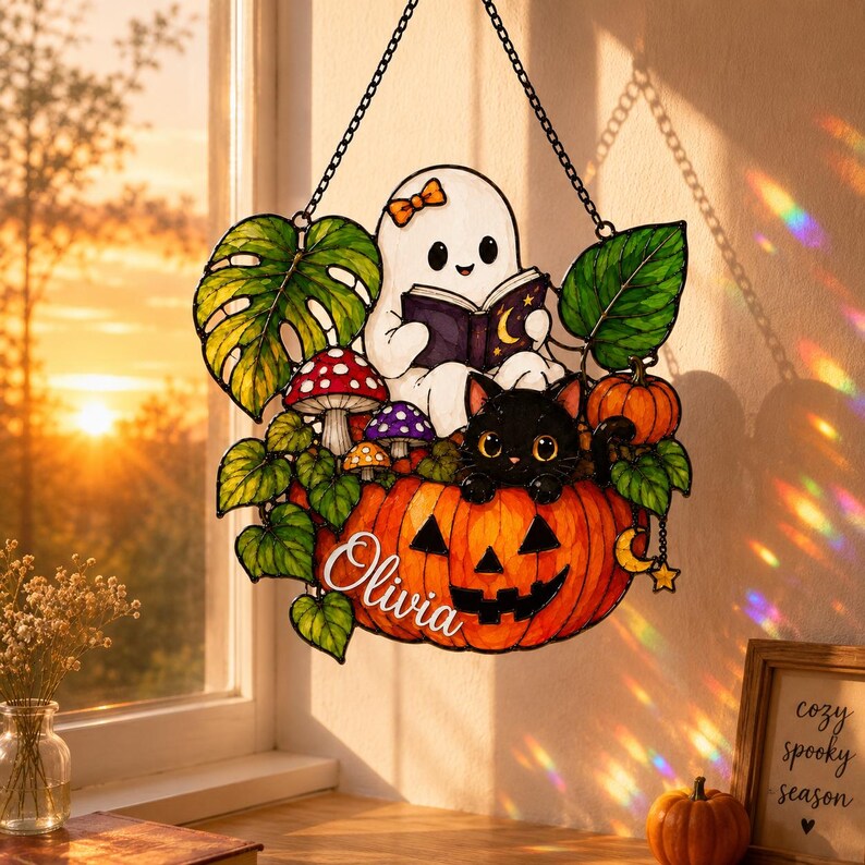Halloween Suncatcher Personalized, Custom Name Acrylic Ornament, Ghost Cat Pumpkin, Halloween Window Decor Gift