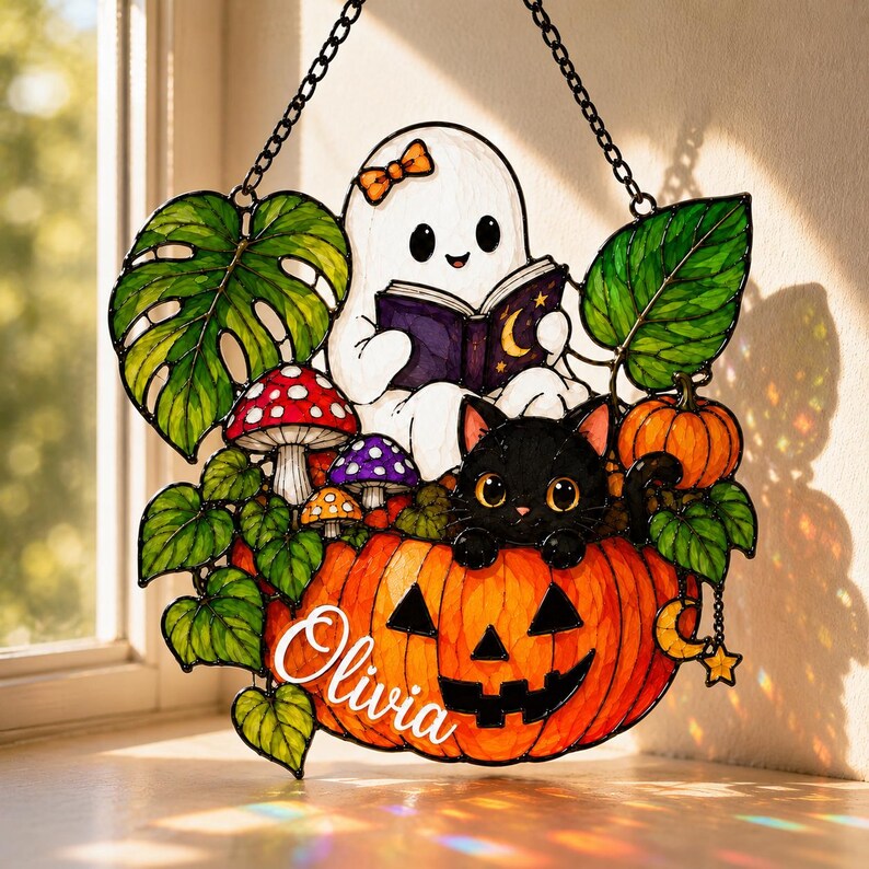 Halloween Suncatcher Personalized, Custom Name Acrylic Ornament, Ghost Cat Pumpkin, Halloween Window Decor Gift