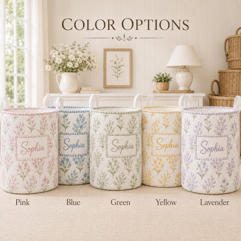 Personalized Floral Laundry Basket, Custom Name Quilted Storage Bin, Pastel Flower Nursery Hamper, Clothes Basket