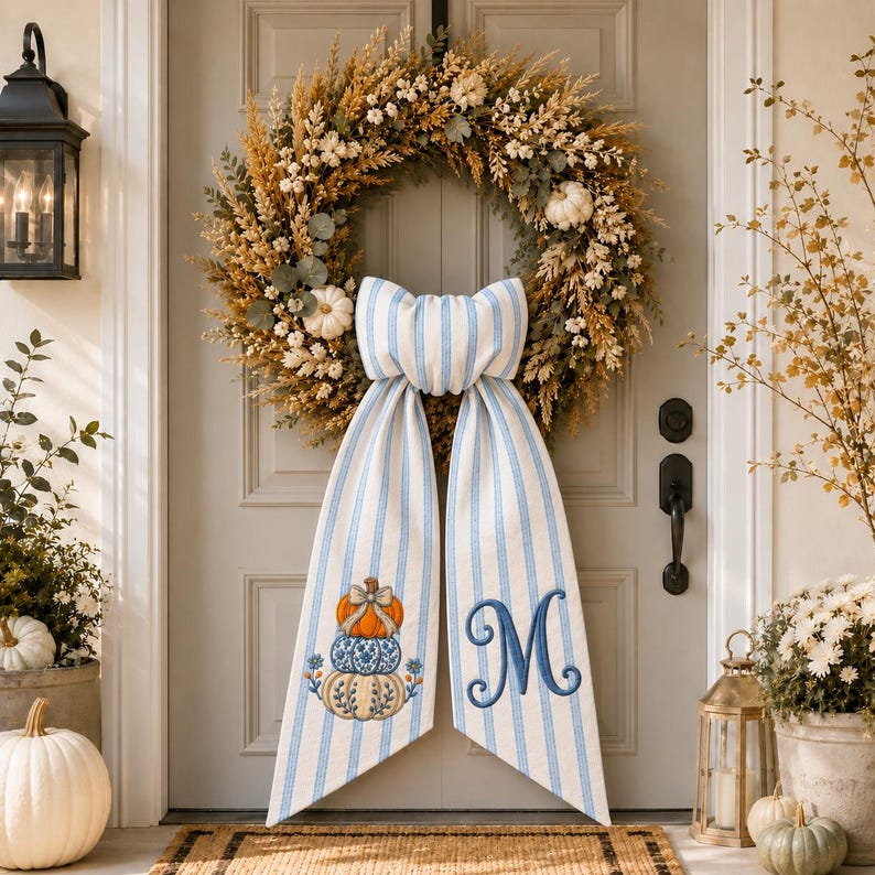 Personalized Pumpkin Wreath Sash Bow, Blue Stripe Fall Door Bow, Custom Monogram Autumn Wreath, Farmhouse Decor
