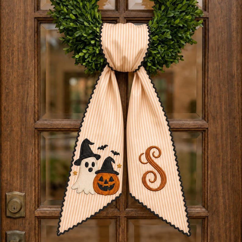 Personalized Halloween Wreath Sash Bow, Custom Ghost Pumpkin Door, Monogram Front Door Wreath
