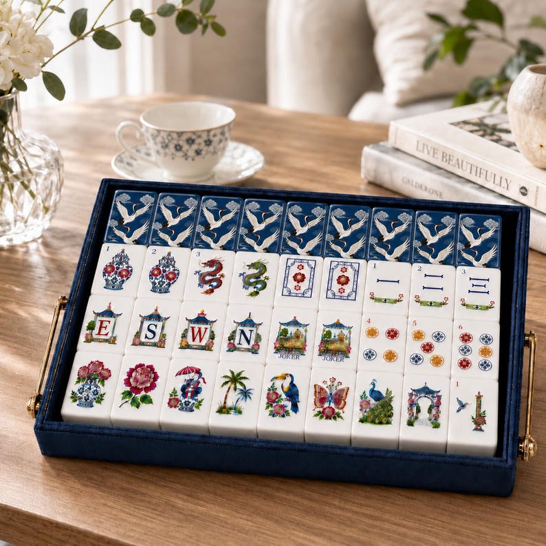 Blue Crane Porcelain Mahjong Tiles Included Box, Chinoiserie Luxury American Mahjong Tiles, Chinese Mahjong Gift