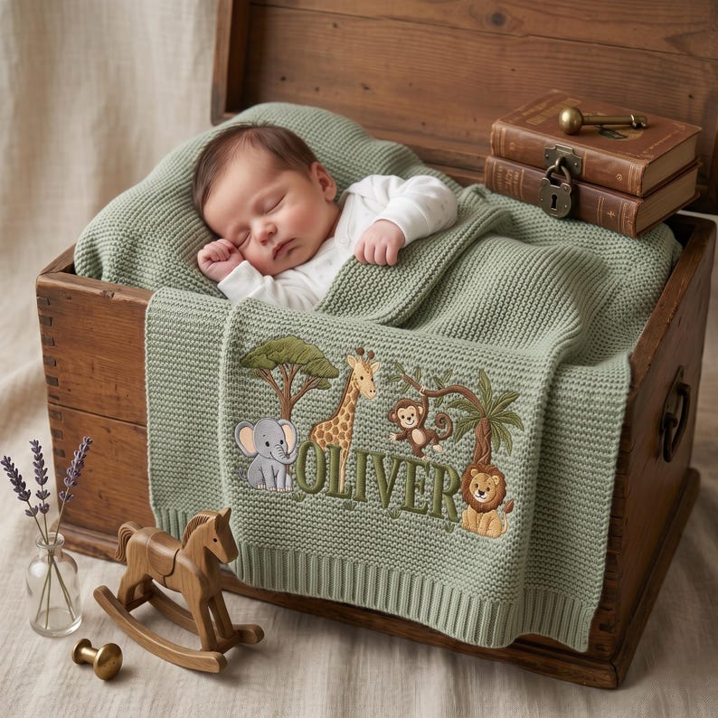 Personalized Embroidered Lion Baby Blanket Name, Custom Name Giraffe Safari Newborn Gift