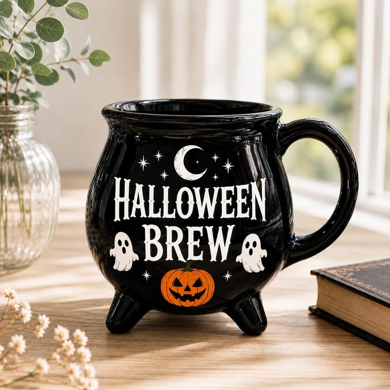 Halloween Brew Cauldron Mug, Spooky Halloween Coffee Mug, Ghost Pumpkin Witch Coffee Cup, Cute Fall Mug