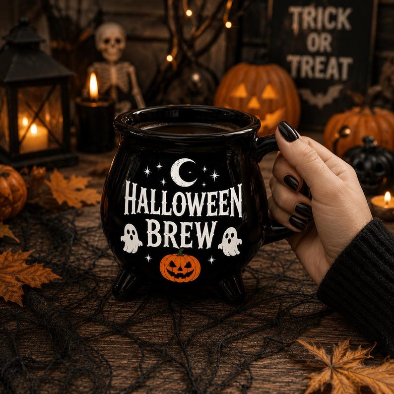 Halloween Brew Cauldron Mug, Spooky Halloween Coffee Mug, Ghost Pumpkin Witch Coffee Cup, Cute Fall Mug