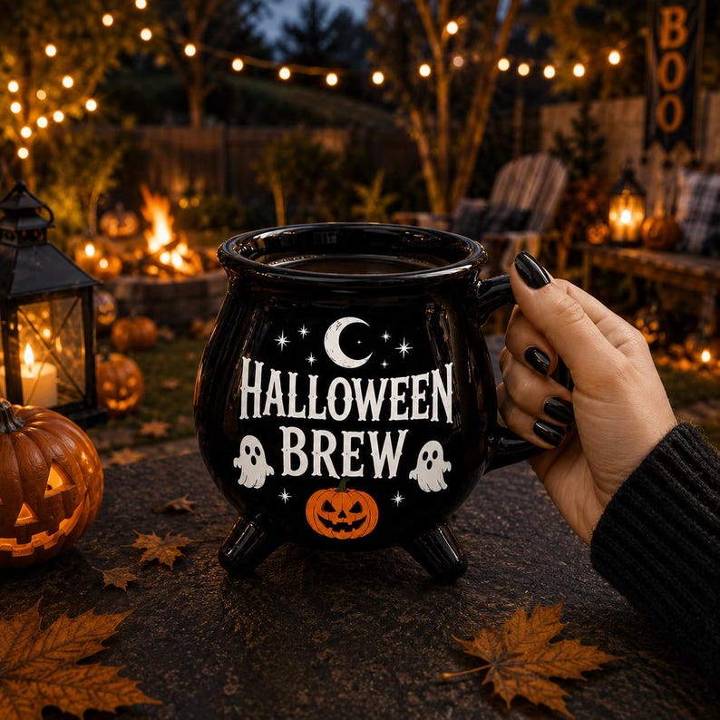 Halloween Brew Cauldron Mug, Spooky Halloween Coffee Mug, Ghost Pumpkin Witch Coffee Cup, Cute Fall Mug