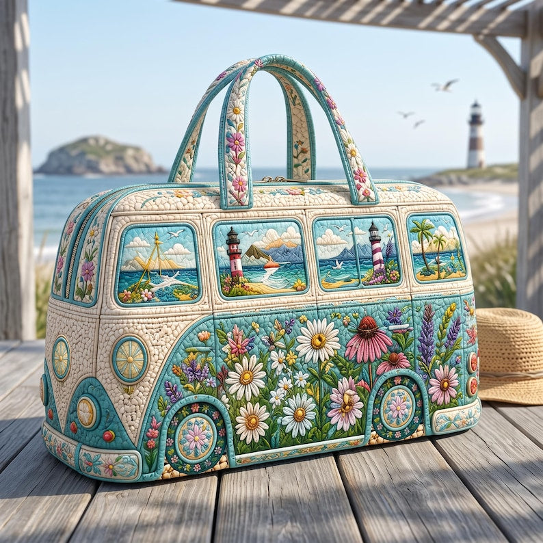 Coastal Floral Quilted Weekend Bag, Beach Travel Duffel, Lighthouse Wildflower Overnight Tote, Ocean Vacation Carry On Gift