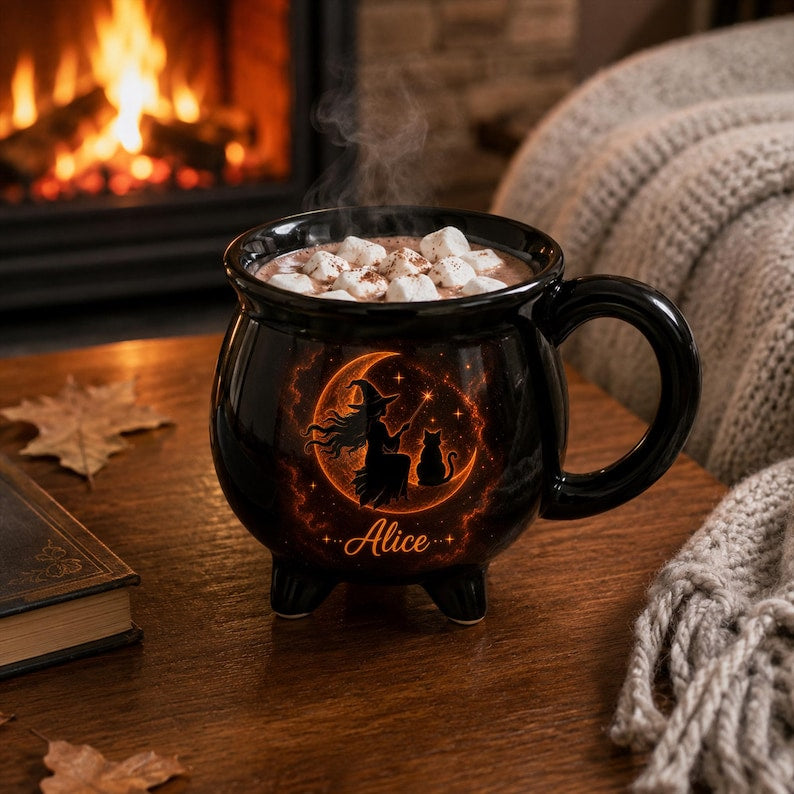 Personalized Cauldron Mug, Witchy Coffee Cup, Black Cat Moon Design